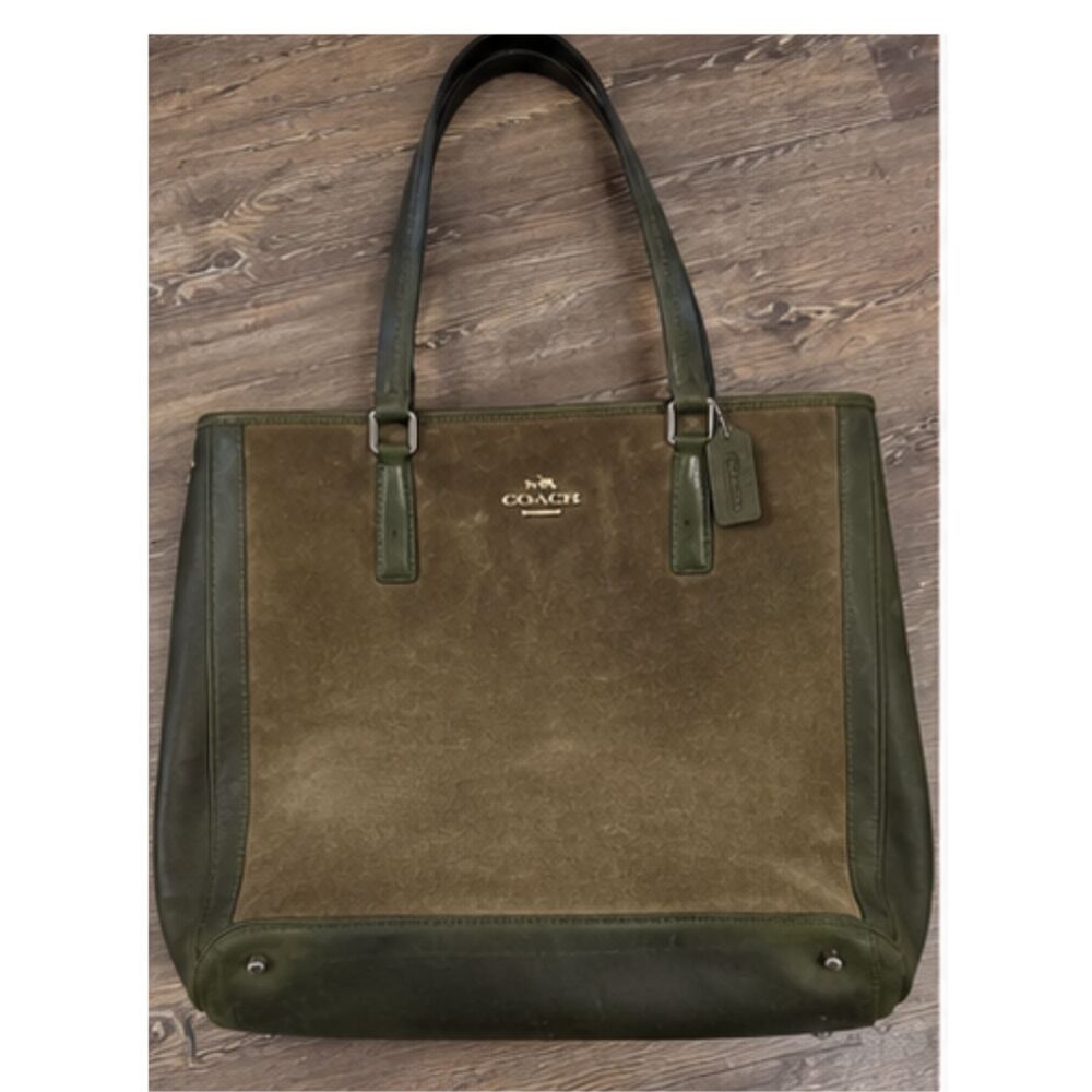 Coach Olive Green Suede Leather Trim Large Zip Tote Shoulder Bag